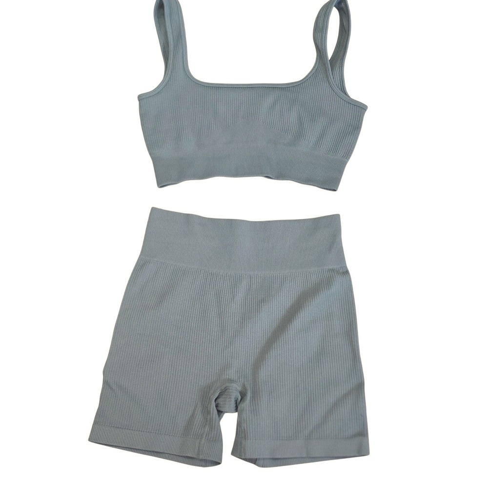 Activewear Set Ribbed Sports Bra Biker Shorts Blue Green Small Nylon